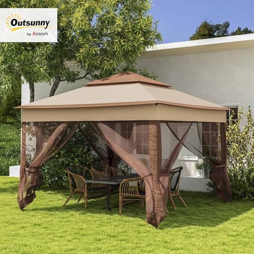 Outsunny 11' x 11' Pop Up Canopy, Outdoor Patio Gazebo Shelter with Removable Zipper Netting, Instant Event Tent w/ 114 Square Feet of Shade and Carry Bag for Backyard, Garden, Khaki - color: Khaki, size: 10.75' L x 10.75' W x 9.75' H
