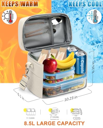 Capolo Lunch Box for Women Men Adults,Insulated Lunch Bag Leakproof Lunch Cooler Box with Removable Strap Cute Lunch Tote Bags Reusable Thermal Lunchbox for School Work Picnic(Small,Beige) - color: Beige, size: Small