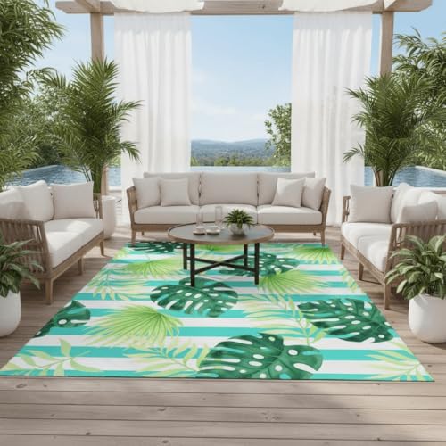 Waterproof 9x12 Outdoor Patio Rug Boho Tropical Palm Monstera Stripe Style Washable Outside Area Rugs for Porch Deck Garden Balcony Foldable RV Camping Picnic Outdoor Carpet Emerald Green - color: B, size: 9x12