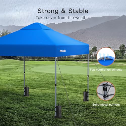 Amada 10x10 Pop Up Canopy Tent, 1-Button Push Easy-up Outdoor Canopy Beach Tent with 3-Height Adjustable Waterproof Shade Shelter, Wheeled STO-N-Go Bag 8 Stakes, 4 SandBags (Blue) - color: Blue, size: 10x10ft
