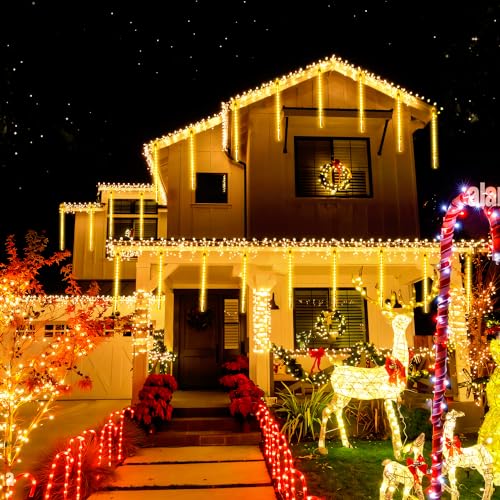 JMEXSUSS 2 Pack Solar Meteor Shower Lights, 16 Tube 288 LED Warm White Meteor Christmas Lights, Solar Powered Waterproof for Outdoor Tree Decorations - color: Warm White, size: 2*144LED