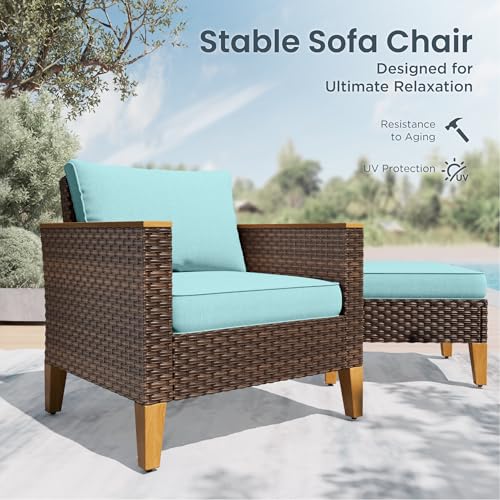 PHI VILLA Half-Moon Patio Furniture Set with 56" Fire Pit Table, Wicker Outdoor Curved Sectional Sofa with Cushions, Ottomans, Large Conversation Seating for Garden or Backyard, Aqua Blue - color: Aqua Blue+fire Pit, size: 9 Seats - Curved