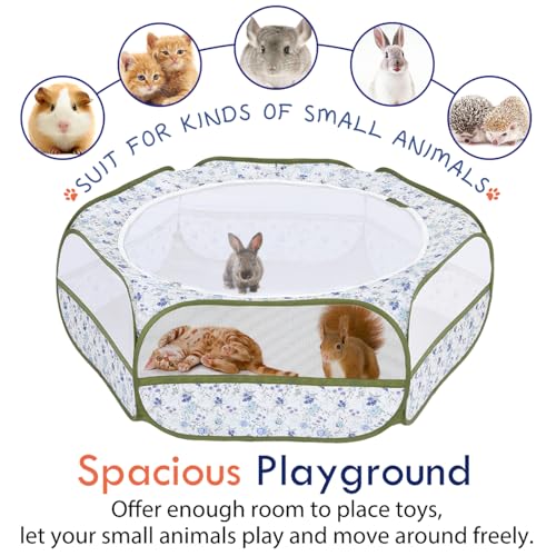 Pawaboo Small Animals Playpen, Waterproof Small Pet Cage Tent with Zippered Cover, Portable Outdoor Yard Fence with 3 Metal Rod for Chick/Kitten/Puppy/Guinea Pig/Rabbits/Hamster, Blue + White Flower - color: T-Blue + White Flower