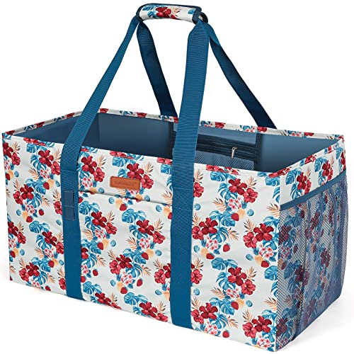 WONDAY Extra Large Reusable Grocery Bag Carrier with Handle, Thirty One Utility Tote Foldable for Shopping and Beach - color: Blue Flower