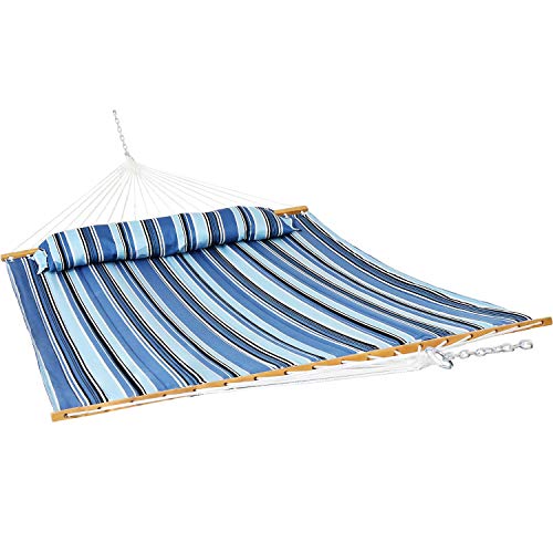Sunnydaze Quilted Double Hammock for Outside with Spreader Bars and Pillow - 450 lb Capacity, 74x55 Inch Bed, UV Resistant, Quick Dry - Chains Included, Stand Sold Separately - Misty Beach - color: Misty Beach