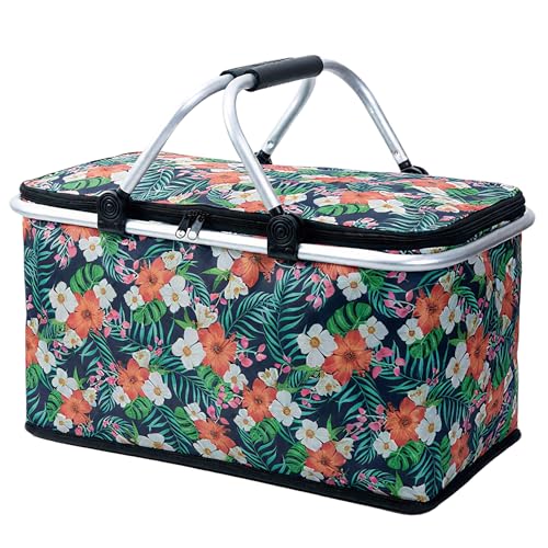 Insulated Picnic Basket for 2, Collapsible Shopping Baskets with 29L Large Market Basket with Handles, Folding Grocery Basket Insulated Cooler Bag for Picnic Travel Food Delivery Market Shopping - color: Green