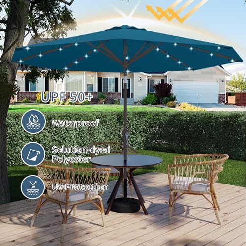 9FT Patio Umbrella with Solar Lights,Outdoor Market Umbrella with Tilt and Crank, LED Lighted Table Umbrella for Garden,Deck,Backyard,Pool,Beach (Lake Blue) - color: Lake Blue