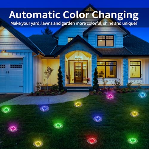 LYHOPE Solar Ground Light Outdoor, 16 Pack 8 LED Color Changing Solar Disk Lights Waterproof Garden In-ground Pathway Lights Landscape Lighting for Lawn,Yard,Deck,Patio,Walkway (RGB) - color: RGB (Red, Green, Blue), size: 16 Pack