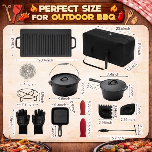 Geetery 15 Pcs Pre-seasoned Cast Iron Cookware Set, Dutch Oven Camping Accessories Kit with Skillet, Pan, Pot, Gloves, Lid Lifter, Storage Bag, Scrubber for Kitchen Ourdoor Campfire Grill BBQ Cookware