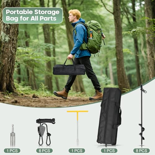 Tinnmao 6-Pack 17.7" Tent Stakes Heavy Duty, with 8" Ratchet Tie Down Straps (1/8" φ) Kit for High Wind, 8mm Solid Steel Spiral Ground Anchors Screw in for Tarp | Canopy | Sand Beach Camping Tent - size: 6 Pack