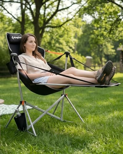 KingCamp Hammock Chair with Footrest – Heavy Duty Swinging Rocking Camping Chairs for Adults up to 400lbs, Folding Portable Oversized Rocker with Cup Holder & Pillow for Outdoor Beach Lawn RV Sports - color: Footrest Deluxe Lava/Grey