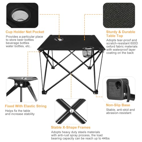 KOCASO 1Pc Foldable Camping Table Portable Picnic Table Lightweight Travel Desk with 2 Cup Holders Carrying Bag - color: Black