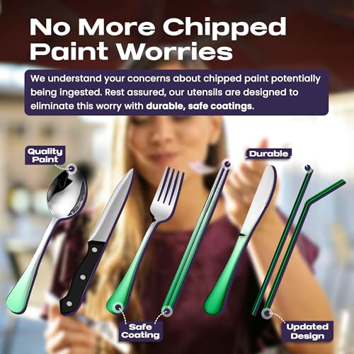 Taplord Portable Travel Silverware Set With Case - Includes 10 Pcs of Utensils, Stainless Steel Flatware For Camping, Easy to Travel, Lightweight (Green Two Tune) - color: Gradient Green, size: 10 Pieces