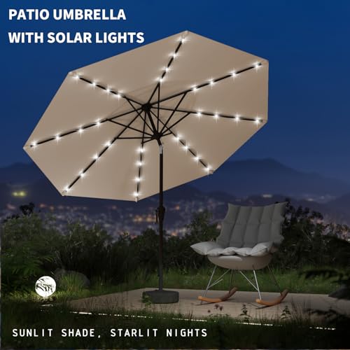 9FT Patio Umbrella with Solar Lights,Outdoor Market Umbrella with Tilt and Crank, LED Lighted Table Umbrella for Garden,Deck,Backyard,Pool,Beach (Beige) - color: Beige