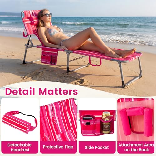 COSTWAY Tanning Chair with Face Hole, Folding Beach Lounge Chair with 4-Position Adjustable Backrest, Pillow & Side Pocket, Foldable Chaise Lounge Chair Outdoor for Sunbathing, Camping (1, Pink+White) - color: Pink+white
