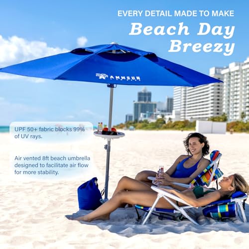 AMMSUN 8ft Large Beach Umbrellas for Sand Heavy Huty Wind Portable Commercial Grade Patio Beach Umbrella with Sand Anchor Adjustable Height Air Vent UPF 50+ Telescoping Pole without tilt Dark Blue - color: Dark Blue