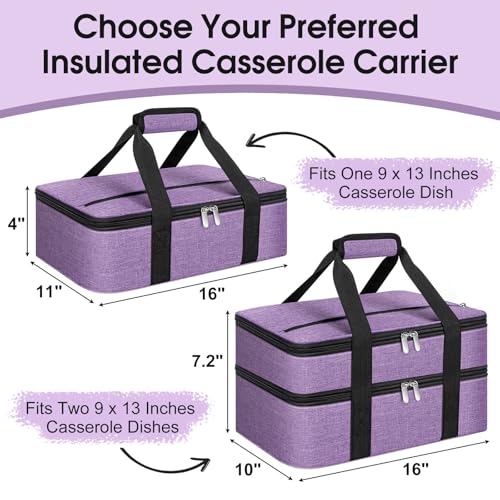 Insulated Casserole Carrier, Portable Casserole Carrier for Hot or Cold Food Lunch Tote Warmer or Cooler Bag, Lasagna Lunch Bag for Potluck Parties- Fits 9" x 13" Baking Dish-Purple - color: Purple, size: 16x10x4 in