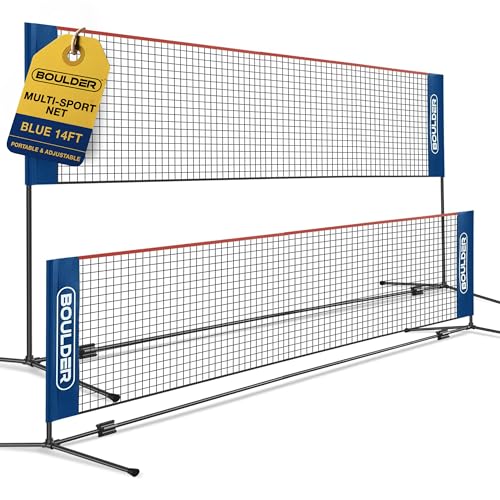 Boulder Portable Badminton Pickleball Net - Foldable/Extendable Poles for Multiple Sports Heights (UP to 5 ft) - Ideal for Tennis, Pickleball, Soccer Tennis - Easy Setup - color: 14ft Blue