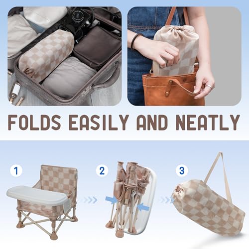 Tiny Marvels 3-in-1 Portable Baby Chair, Foldable Booster Seat with Removable Tray, Safety Harness & Carry Bag for Dining, Travel, Camping, Beach, 6M-3Y (Sand Checker) - color: Sand Checker