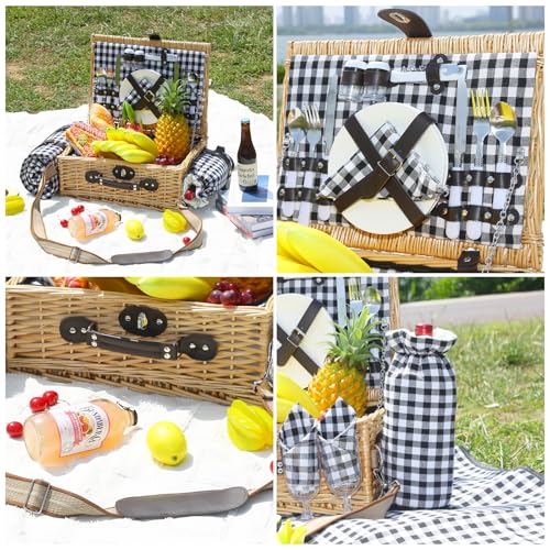 Picnic Basket for 2 with Blanket, Willow Picnic Basket Set with Shoulder Strap&Wine Pouch, Large Willow Hamper with Insulated Cooler for Outdoor, Camping, Beach, Couples, Wedding Gift - color: Black and White Grid