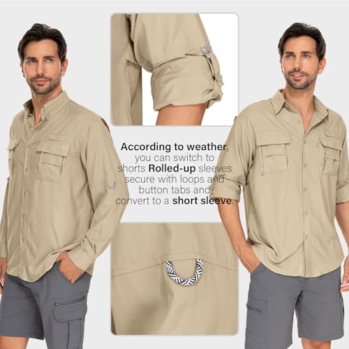 Mens Safari Shirts Long Sleeve UV Protection Hiking Fishing UPF 50+ Quick Dry Camping Travel Shirts - color: Khaki, size: Medium