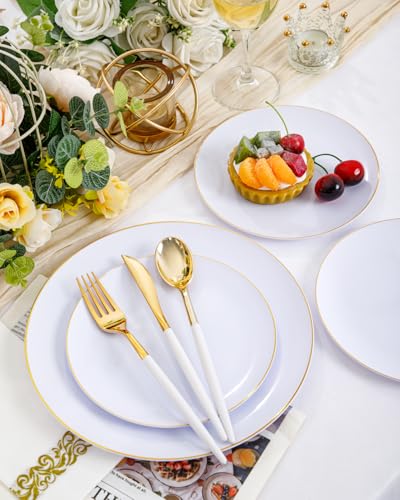 Supernal 350pcs Gold Plastic Dinnerware Set for 50 Guests,Fancy Disposable Plates for Party,Gold Plastic Silverware with White Handle,Disposable White Plates Wedding,Birthday - color: 350pcs White and Gold Plastic Dinnerware Set