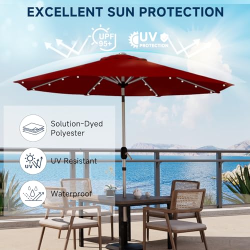 9FT Aluminum Patio Umbrella with 40-LED Solar Lighted, Fade-Resistant Outdoor Market Table Umbrella with Push Button Tilt Function, 8 Sturdy All-Aluminum Ribs for Gardens, Decks, Backyards & Pools - color: Burgundy, size: 9FT 40LED-1Tier (Aluminum Umbrell