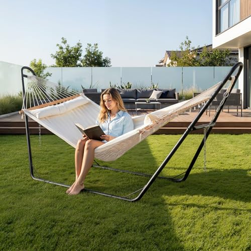 ONCLOUD Hammock with Stand, Double-Barrel Hammock with Hammock Bed, Heavy Duty Adjustable Hammock Set for Outdoors, Patio, Yard, Garden, 550 LBS (Beige) - color: Beige