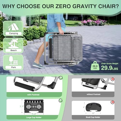 Suteck Oversized Zero Gravity Chair,33In XXL Outdoor Recliner Chair w/Removable Cushion&Headrest, Camping Lounge Chair w/Upgraded Lock&Footrest, Reclining Patio Chairs for Indoor Outdoor,500LBS - color: Sandstone Gray, size: Xxl 33 Inch