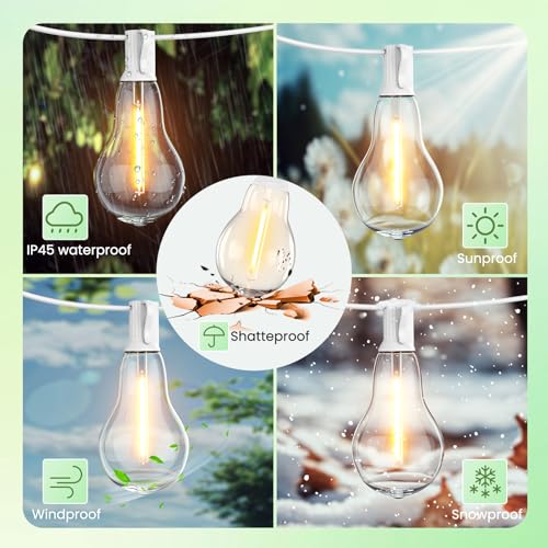 Outdoor String Lights LED String Lights for Outside with 27 Shatterproof Bulbs (2 Spare), 50FT Porch White Hanging String Light for Balcony Pergola Gazebo Patio Decor White Cord - color: White, size: 50FT