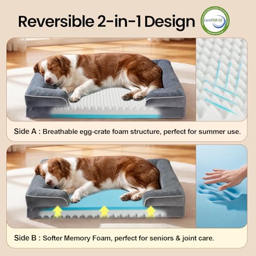 OhGeni Orthopedic Dog Bed Couch Cat Sofa for Large Sized Pets with Memory Foam, Machine-Washable Waterproof Removable Cover, Soft Comfortable Fabric, 35-inch (Gray) - color: 01-Gray, size: 35"x22"x6.5"(Crate Fit)