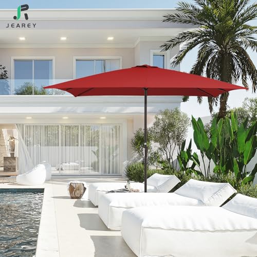 JEAREY 8x10 ft Rectangular Patio Umbrellas Outdoor Table Market Umbrella w/Crank, 8 Sturdy Ribs, UV Protection Windproof Sunproof for Garden, Deck, Backyard, Pool(Red) - color: Red, size: 8x10ft