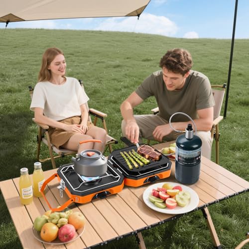 Adjustable 2-Burner Portable Stove with 16000 BTU, with Camping Grill and Carrying Bag, Portable Propane Camp Stove with 2 Burners & Piezo Ignition for Camping, Backyard BBQ,Tailgating (Orange) - color: orange