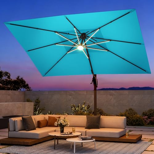 9 X 12 FT Cantilever Patio Umbrella with Led Lights Heavy Duty Outdoor Double Top Large Rectangle Offset Umbrellas with 360-degree Rotation for Garden Pool Deck Backyard, Turquoise - color: Turquoise, size: 9' X 12'- Only Umbrella(LED)