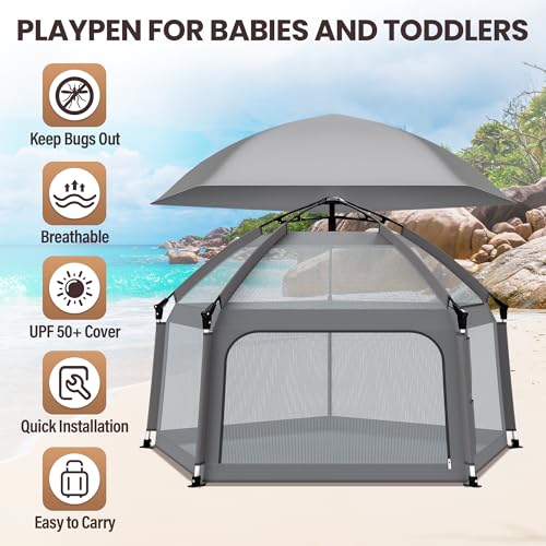 Baby Playpen with Self-Inflating Play Mat & Travel Bag, Portable Outdoor Playpen for Babies and Toddlers, Foldable Pop Up Play Tent for Home, Park, Beach and Camping (Grey)