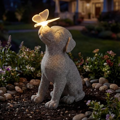 Lyeasw Dog Solar Statues with Butterfly - Waterproof Gray Dog Garden Decor for Patio, Yard, Porch- Cute Puppy Figurines with Solar LED Lights for Outdoor Decor, Pet Memorial Gift - color: Dog With Butterfly