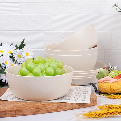 EI 12pcs Wheat Straw Dinnerware Set of 4,Reusable Plastic Plates,Unbreakable Dinner Plates,Deep Dinner Hard Premium Plastic Plate,Microwave Dishwasher Safe for Camping,Picninc,Family Dinner - color: Beige Wheat Straw Plates and Bowls