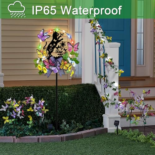 Cat Solar Lights Outdoor Garden,Silhouette Cat with Butterflies Waterproof Garden Stake for Yard, Lawn,Best Gifts for Women - color: Black Cat
