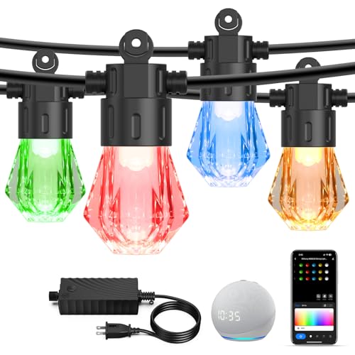 XMCOSY+ 48FT Smart Outdoor String Lights - RGBCWIC Dimmable Acrylic Bulbs, Color Changing LED Patio Lights APP WiFi Control, Compatible with Alexa, IP65 Waterproof Outside Lights for Yard Porch - size: 48Ft-Acrylic Bulb