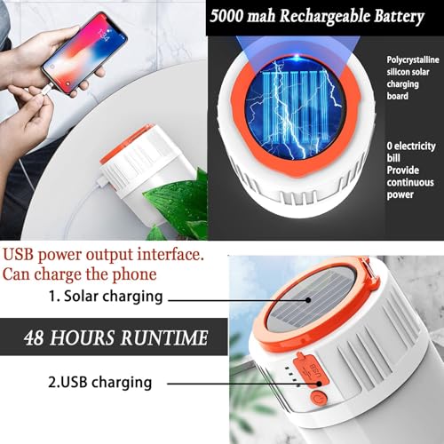 [100W 5000Mah] Solar Camping Lights Portable Rechargeable Lantern Hooked Hanging Tent Lamp Remote Battery Bulbs Outdoor 5000mah 5 Modes Waterproof for Power Outages Canopy Gathering Emergency 2 Pack - color: 2 Pack-orange-5000mah-with Remote Control