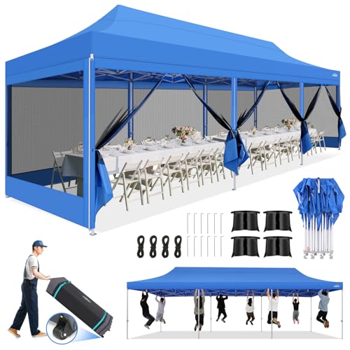 COBIZI 10x30 Canopy Tent, Heavy Duty Pop up Canopy with Sidewalls, Waterproof Easy Setup Tent with Mosquito Netting, Outdoor Instant Screen Tents for Parties, Wedding with Roller Bag, Blue - color: Blue, size: 10x30FT