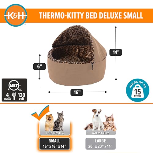 K&H Pet Products Thermo-Kitty Bed Deluxe Heated Cat Bed for Smaller Kitties - Indoor Heated Pet Bed for Dogs & Cats, Covered Cave Pet Tent, Machine Washable, Safety Listed - Small 16in Tan/Leopard - color: Tan, size: Small 16 Inches 4 Watts