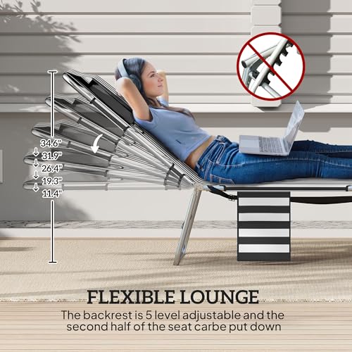 Outsunny Chaise Lounge Chair Outdoor with Face Arm Hole, 5-Position Reclining Face Down Tanning Chair with Carry Strap, Side Pocket, Portable Folding Bed Cot for Patio Beach Pool, Black Stripe - color: Black Stripe, size: 1 Piece