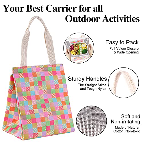 iknoe Insulated Lunch Bag for Women, 9L Durable Wide-Open Foldable & Portable Lunch Tote with Interior Pockets, Water-resistant Thermal Lunch Cooler for Adults (Colored Plaid) - color: Plaid, size: Velcro Closure