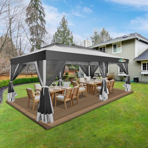 COBIZI 10x20 Pop up Gazebo, One-Push Setup Canopy Tent with Mosquito Netting & Vented Roof Design, Upgrade Metal Easy up Canopy Carpa Outdoor Gazebos for Backyard Camping Deck Party(White & Gray) - color: White & Gray, size: 10x20 FT Upgraded