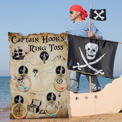 Leitee 19 Pcs Hook Ring Toss Game Pirate Party Toss Game with Dice Rope Rings Foam Tapes for Outdoor Yard Sport Party Accessories