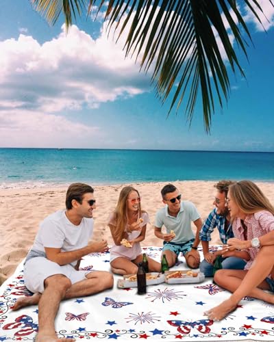 Beach Blanket Sandproof Oversized 83" x 79" 4th of July Butterfly Waterproof Quick Drying Sand Free Mat Independence Day Picnic Blankets for Outdoor Travel Camping Hiking Park - color: Blue Red, size: 83''x79''