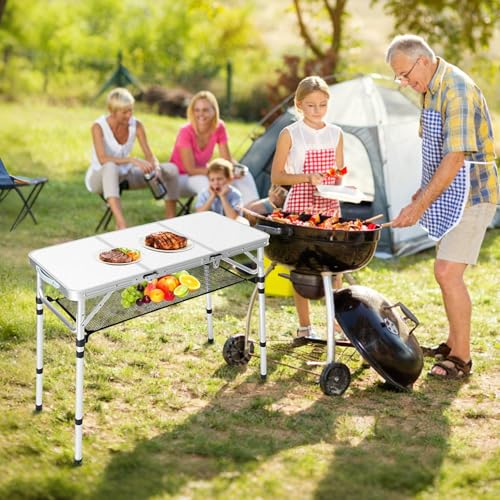 Folding Camping Table with Storage Net,3ft Portable Aluminum Folding Table with 3 Adjustable Height Max 27.3 Inch for Outdoor Backyard BBQ Picnic Cooking Tents Beach Indoor Bedroom（Silver） - color: Silver