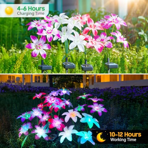 Ahaorigin Solar Garden Lights Outdoor, 4 Pack Blooming Lily Solar Flowers Outdoor Waterproof, 7 Color Changing Bigger Flower Lights for Yard Patio Decor, Gift for Mom - size: 4 Pack
