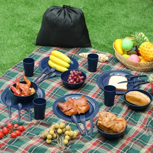 Tioncy 29 Pcs Mess Kit for Camping 4 People Camping Bowls Plates Cups Utensils Set Plastic Reusable Unbreakable Dinnerware Set with drawstring Bag for Travel Picnic Outdoor Dishwasher Safe